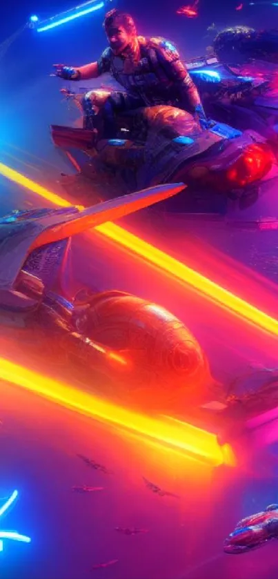 Futuristic neon sci-fi wallpaper with spaceships and a vibrant cosmic scene.