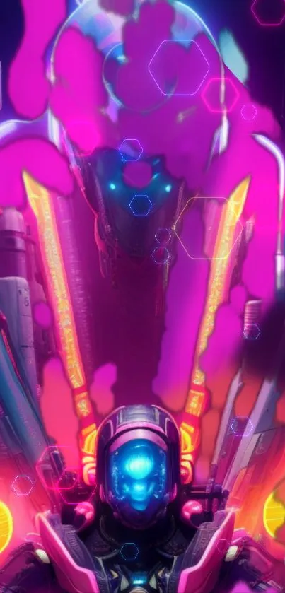 Futuristic neon sci-fi wallpaper with bright pinks and a robotic design.