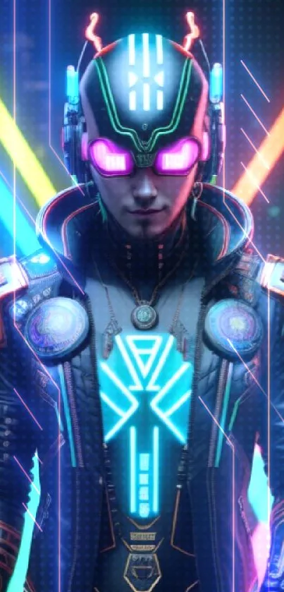 Futuristic neon-clad character in a vibrant sci-fi setting with colorful lights.