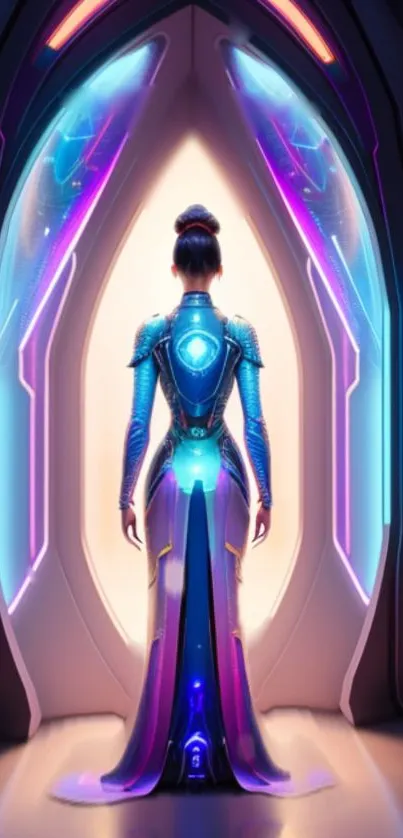 Futuristic female figure in neon portal