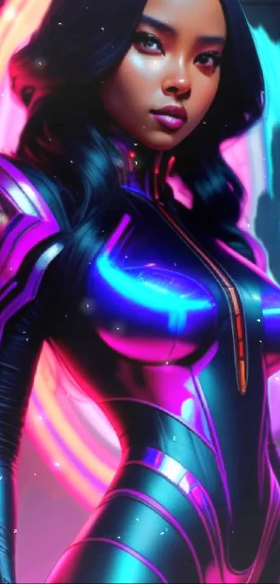 Futuristic neon sci-fi female character wallpaper in digital art style.