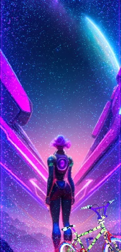 Futuristic neon sci-fi wallpaper with cosmic elements and a lone figure.