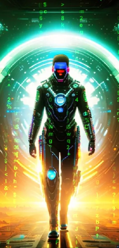 Futuristic neon sci-fi figure walking toward a glowing horizon.