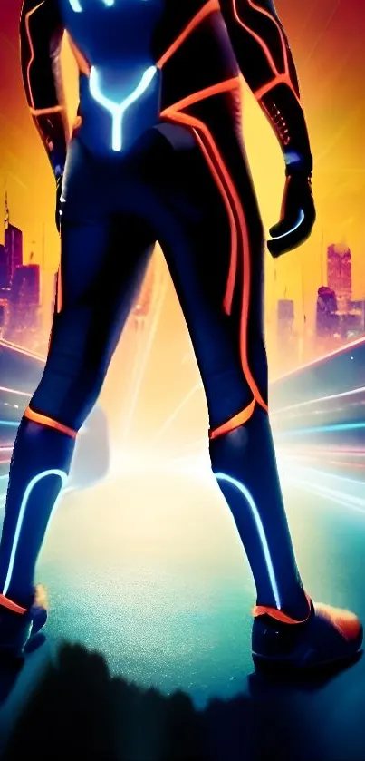 Futuristic figure with neon lights in a sci-fi city backdrop.