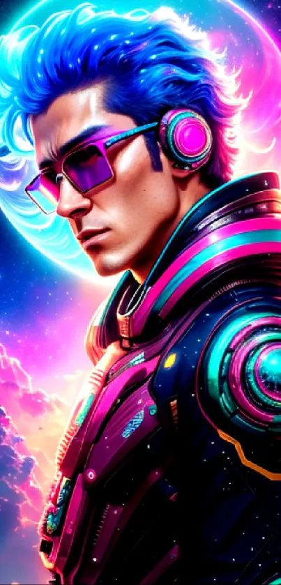 Futuristic neon sci-fi wallpaper with vibrant colors and cosmic theme.