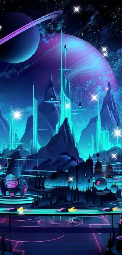 Futuristic neon sci-fi wallpaper with alien cityscape and planet.