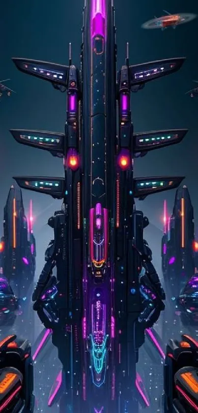 Futuristic neon spaceship art design in vibrant colors.