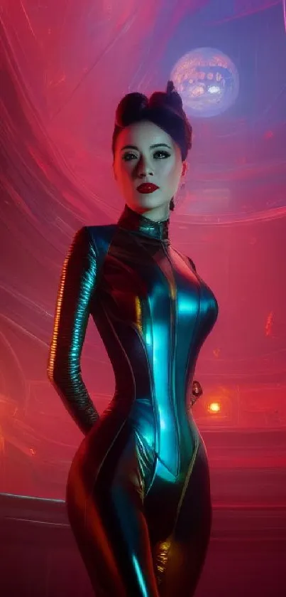 A futuristic woman in neon sci-fi attire against a vibrant red background.