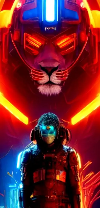 Futuristic neon wallpaper with cyber warrior and red-orange lion design.