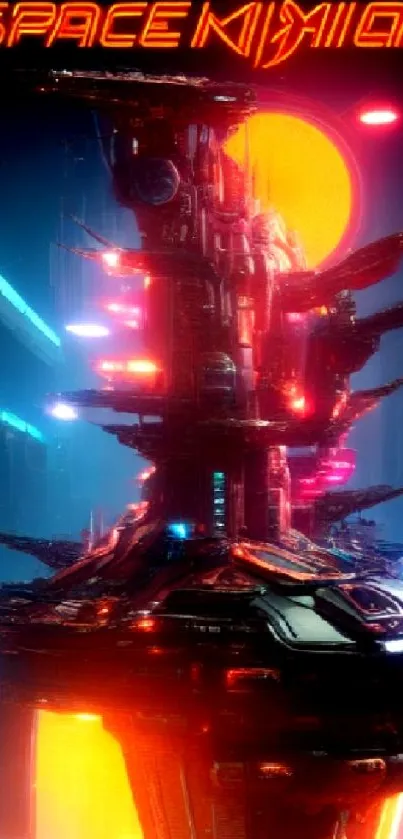 Futuristic neon sci-fi space station wallpaper with vibrant colors.