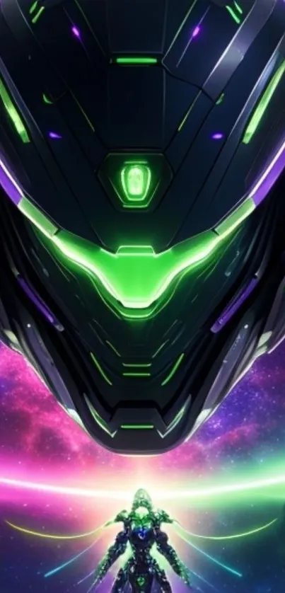 Futuristic neon sci-fi helmet with cosmic lights.