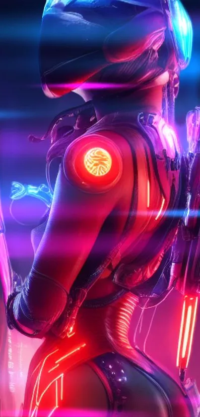 Futuristic neon sci-fi warrior with vibrant colors.