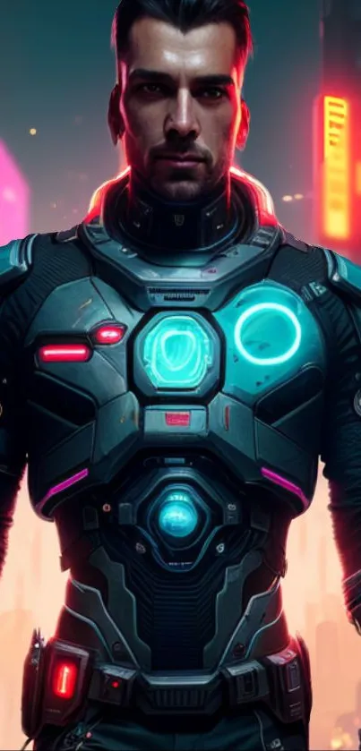 Futuristic warrior in neon-lit suit set in a sci-fi urban background.