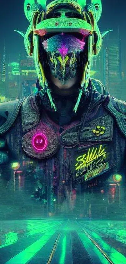 Neon-lit futuristic warrior in a sci-fi setting.