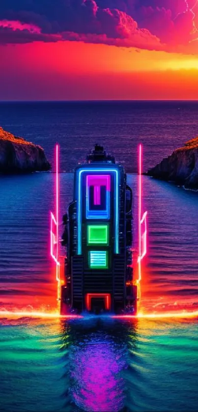 Futuristic scene with neon lights and a vibrant seascape.