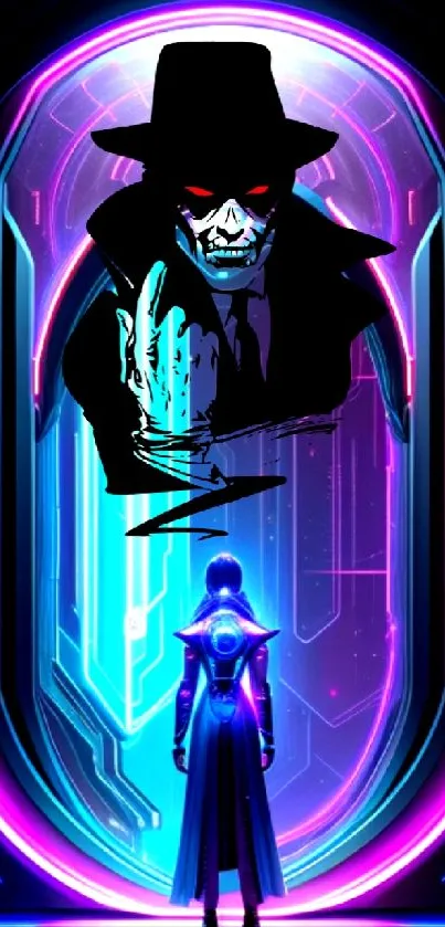 Futuristic neon art with skeleton and cloaked figure in a colorful portal.