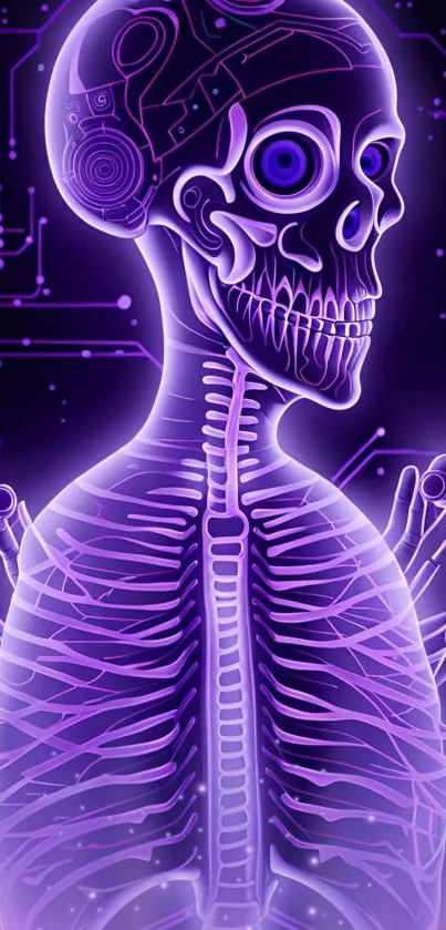 Futuristic neon skeleton with purple glow on digital background.