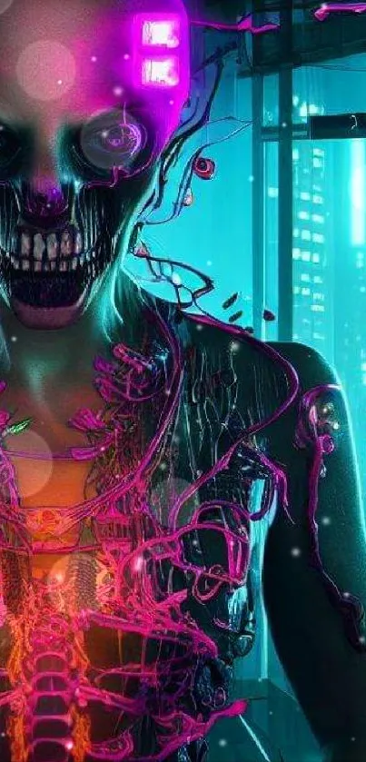 Futuristic neon skeleton wallpaper with vibrant colors.