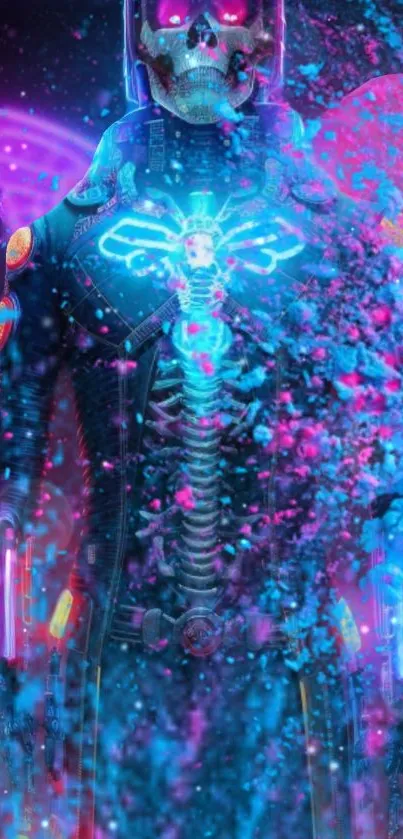 Futuristic neon skeleton with vibrant colors and digital design.