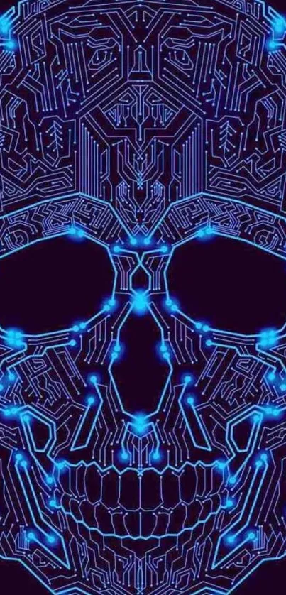 Futuristic neon blue circuitry skull on dark background.