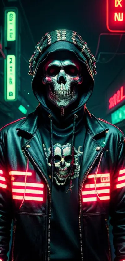 Futuristic neon skull design with vibrant colors in a dark urban setting.