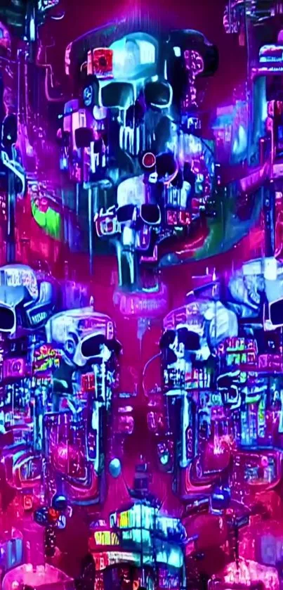 Futuristic neon skull wallpaper with vibrant colors and cybernetic elements.