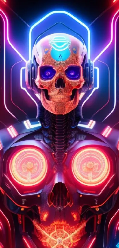 Futuristic neon skull with vibrant colors for mobile wallpaper.