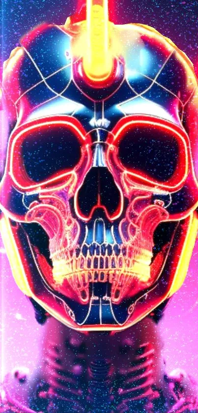 Futuristic neon skull with vibrant colors and glowing lights.