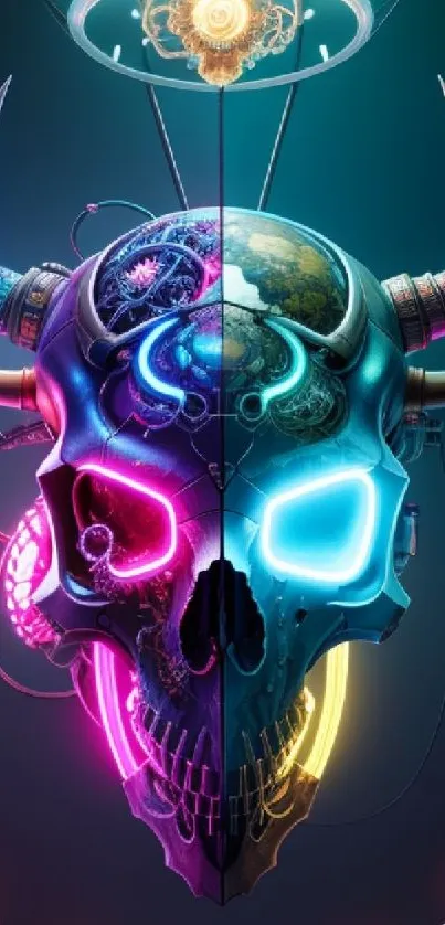 Futuristic neon skull mobile wallpaper with vibrant colors.