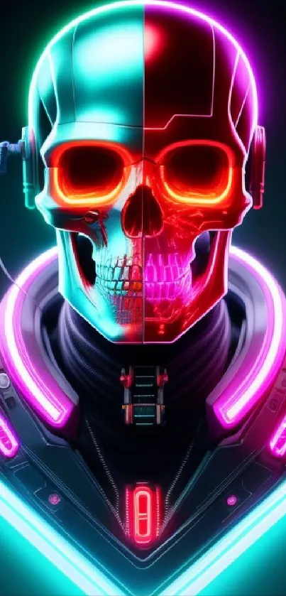 Vibrant futuristic neon skull wallpaper design in glowing colors.