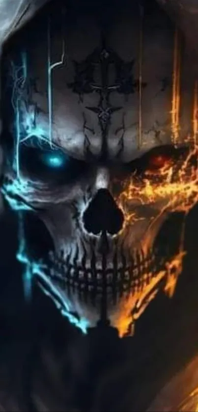 Futuristic neon skull with blue and orange glow on a dark background.