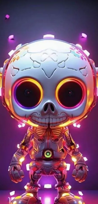 Futuristic neon skull artwork with vibrant lights and colorful details.