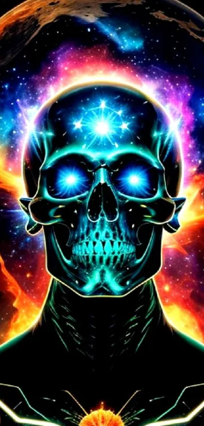 Neon skull with cosmic elements under a vibrant galaxy sky