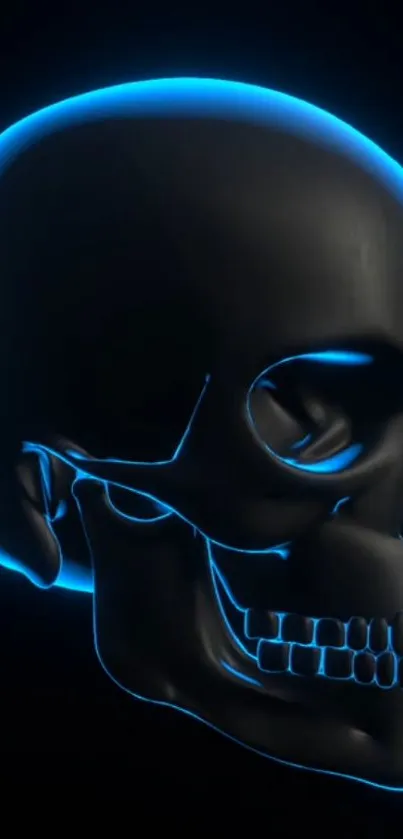 Futuristic neon skull with glowing blue outline on a black background.