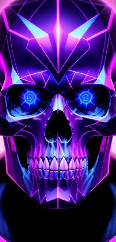 Futuristic neon skull with geometric design glows intensely in purple light.