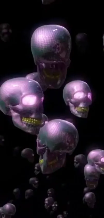 Futuristic neon skulls floating on a dark background.