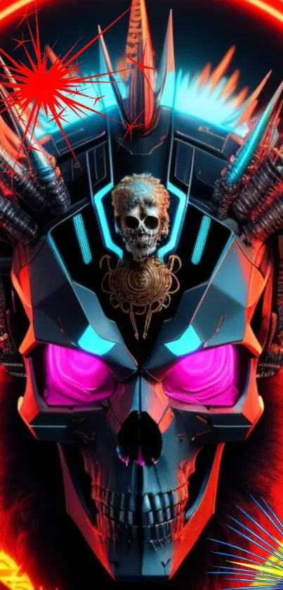 Futuristic neon skull design in vibrant colors.