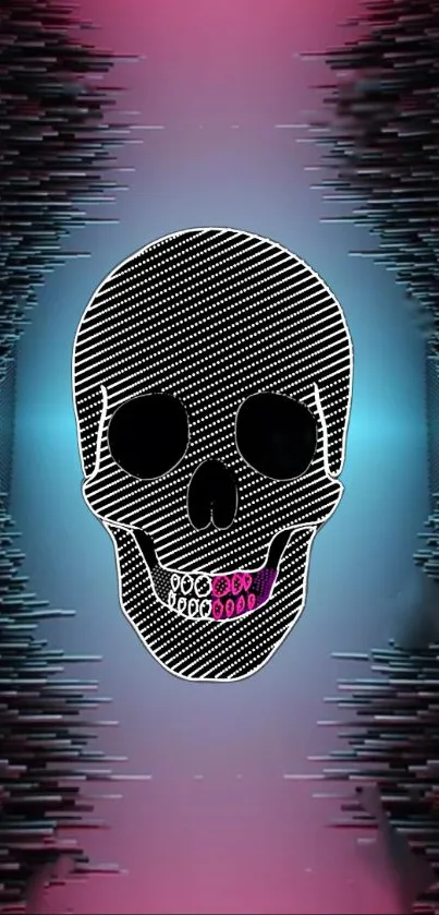 Futuristic skull wallpaper with neon colors and glitch effect.