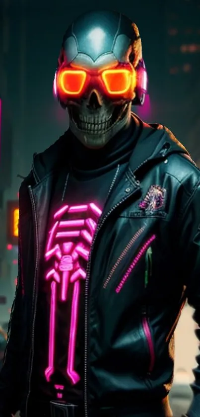 Futuristic neon skull wearing sunglasses in a cyberpunk style.