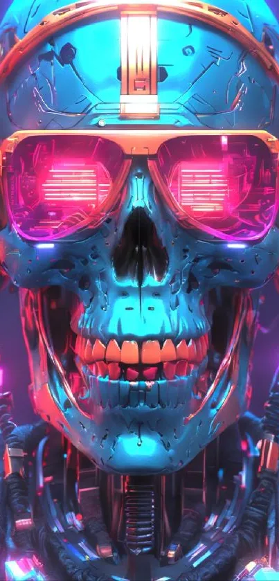 Futuristic neon skull with headphones in vibrant colors.