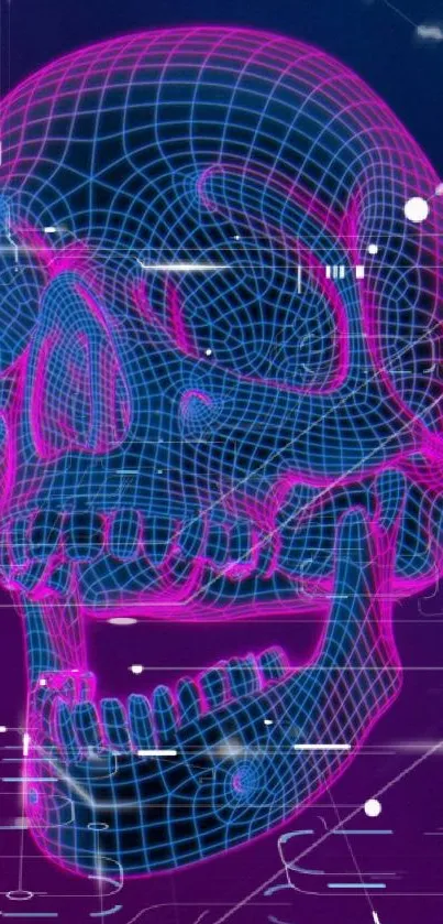 Neon wireframe skull with futuristic design on a dark blue background.