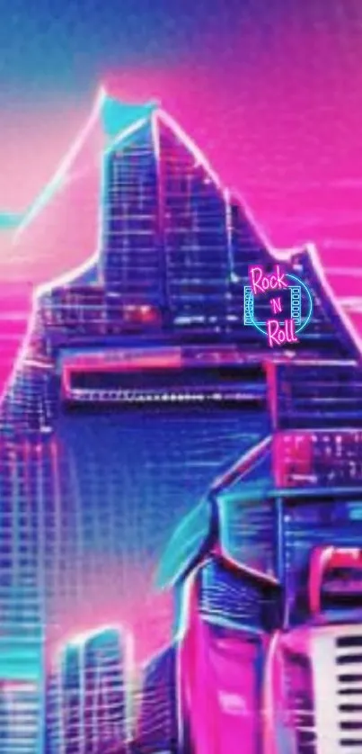 Futuristic neon cityscape with vibrant pink and blue lights.