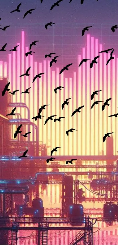 Futuristic neon skyline with vibrant pink and orange lights.