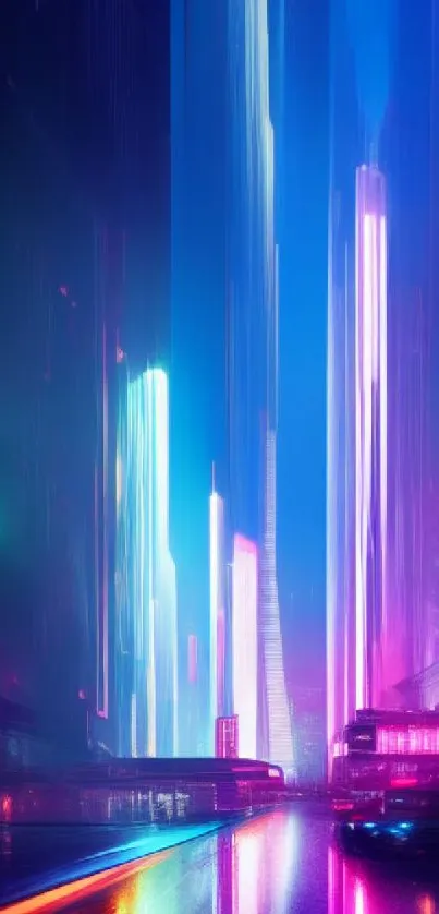 Futuristic neon skyline with vibrant colors and glowing lights in a cyberpunk cityscape.
