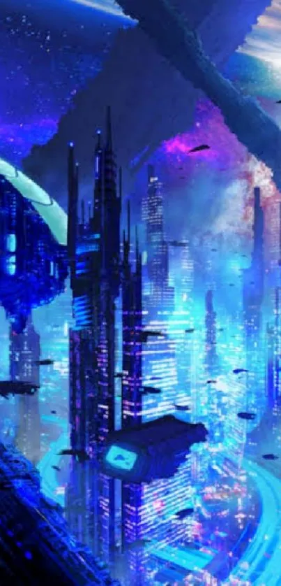 Futuristic neon cityscape wallpaper with vibrant blue hues.