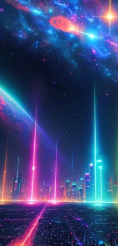 Futuristic neon skyline with cosmic elements and vibrant colors.