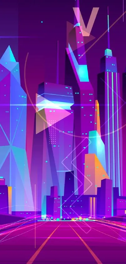 Futuristic neon skyline with purple, blue, and pink hues on a mobile wallpaper.