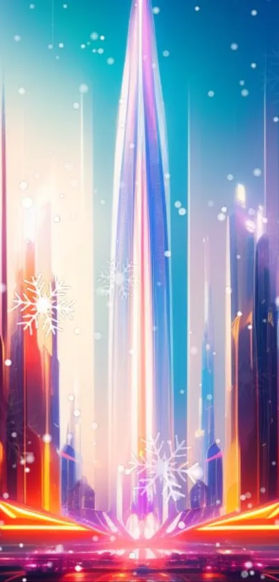 Futuristic city skyline with neon lights and snowflakes at night.