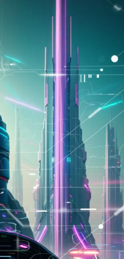 Futuristic city skyline with neon lights and vibrant colors.