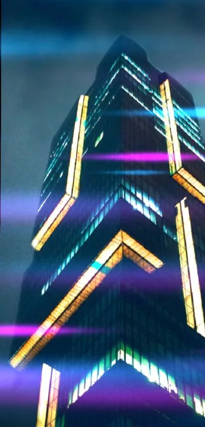 Futuristic skyscraper with neon lights at night.